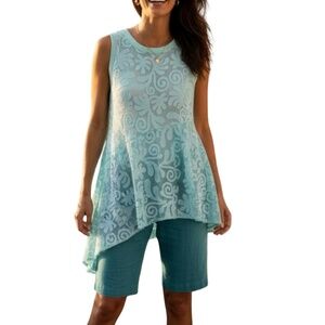 # A115  FT INC Green Boho Glam Lace Peplum  VintageTop  Asymmetrical  NWT L